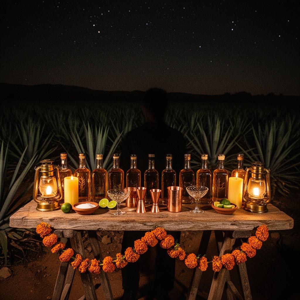 A small handcrafted cantina bar at night — amber bottles, copper jiggers, lanterns, marigold garland