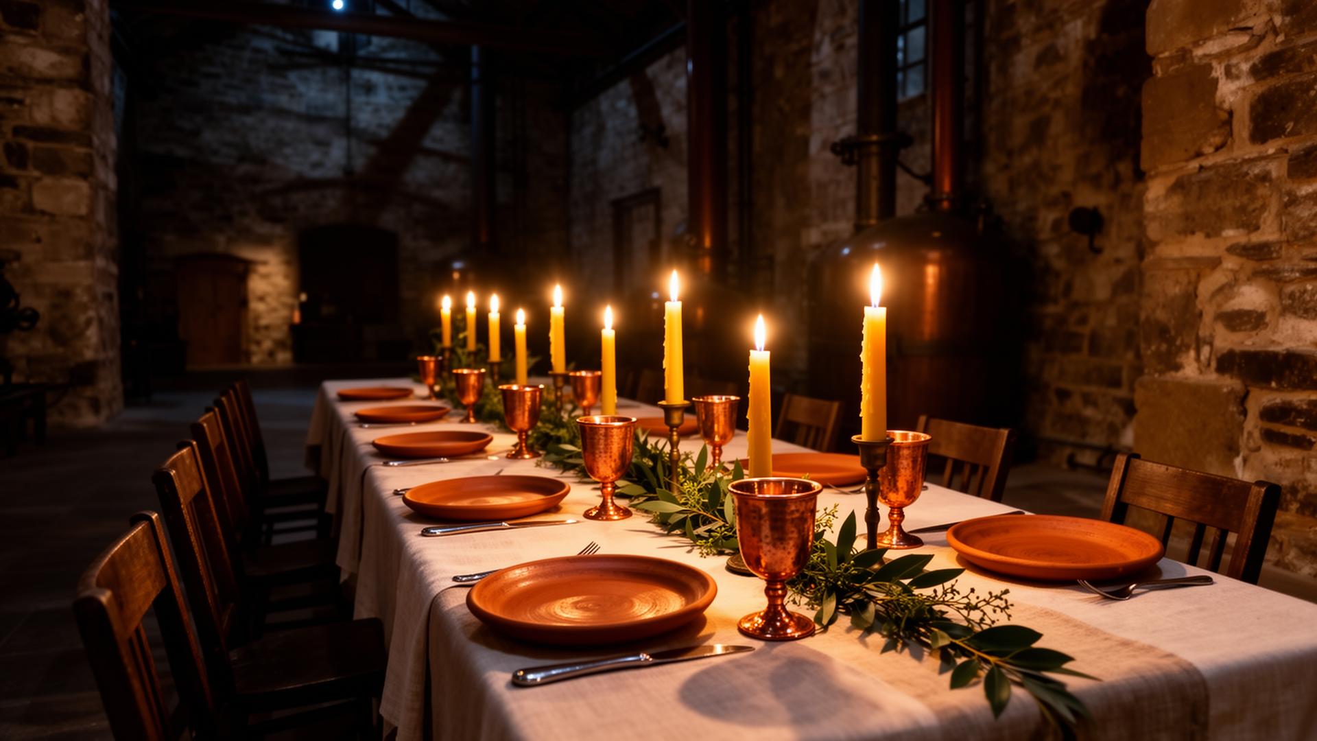 A long candlelit table set inside the original stone distillery