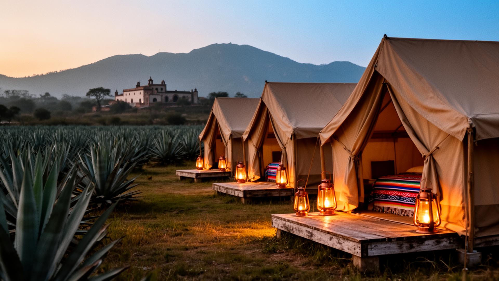 Canvas suites pitched in an agave field at dusk, hacienda silhouetted behind