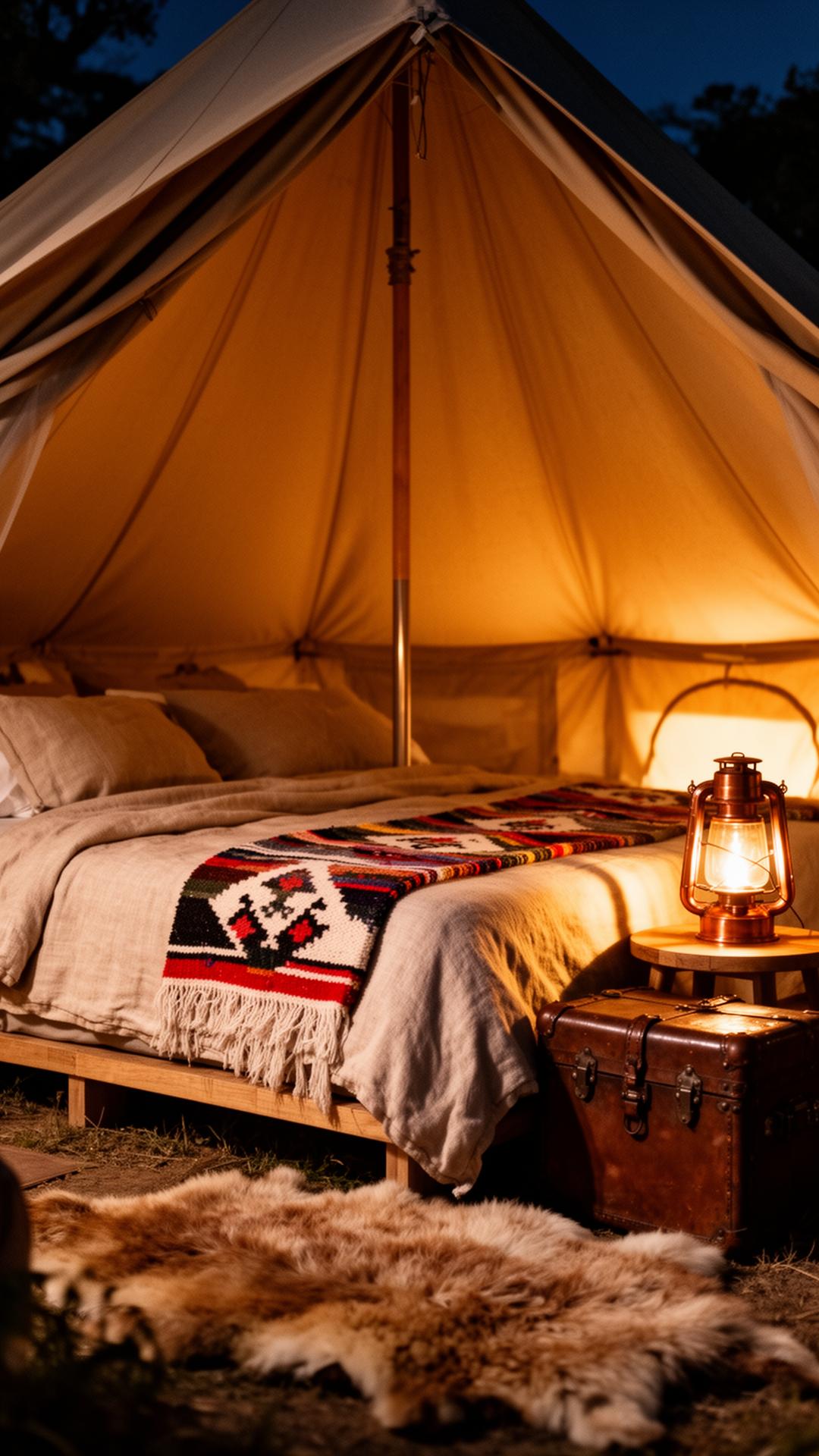 Inside a canvas suite — linen bedding, woven blanket, copper lantern